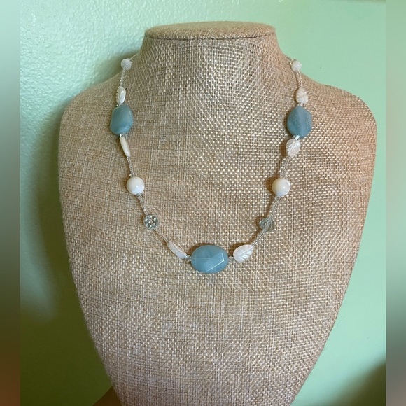 Elegant Amazonite and Carved White Beaded Necklace - Picture 1 of 9